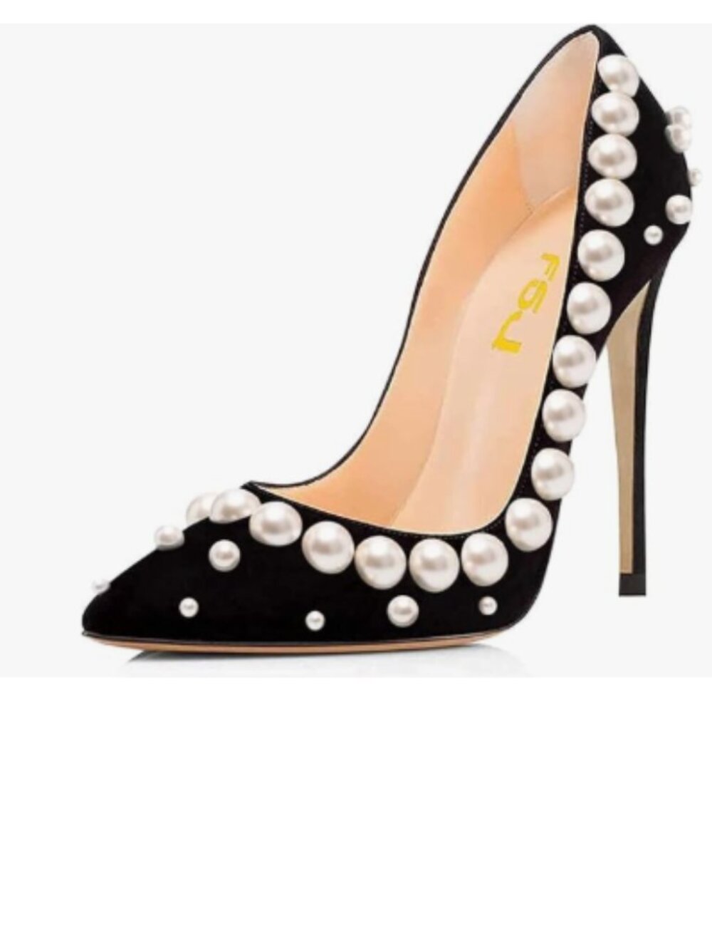 FSJ Black-suede Pearls Pointed Toe Pumps High Heel Sexy Stilettos Slip On Shoes